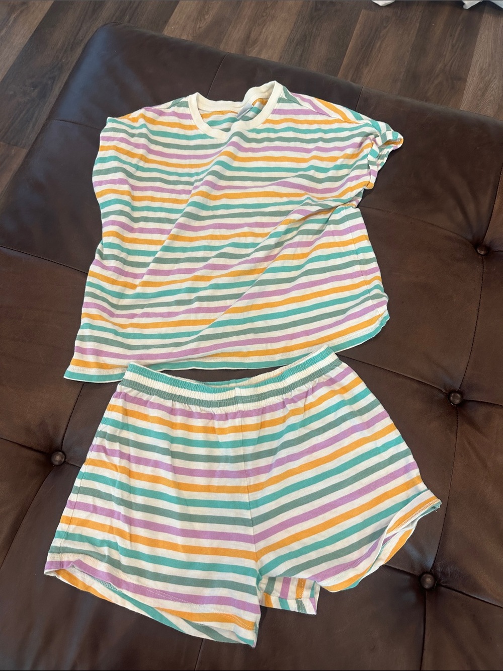 Hanna Andersson Striped Short Pajama Set in White, Teal & Yellow & Lavender